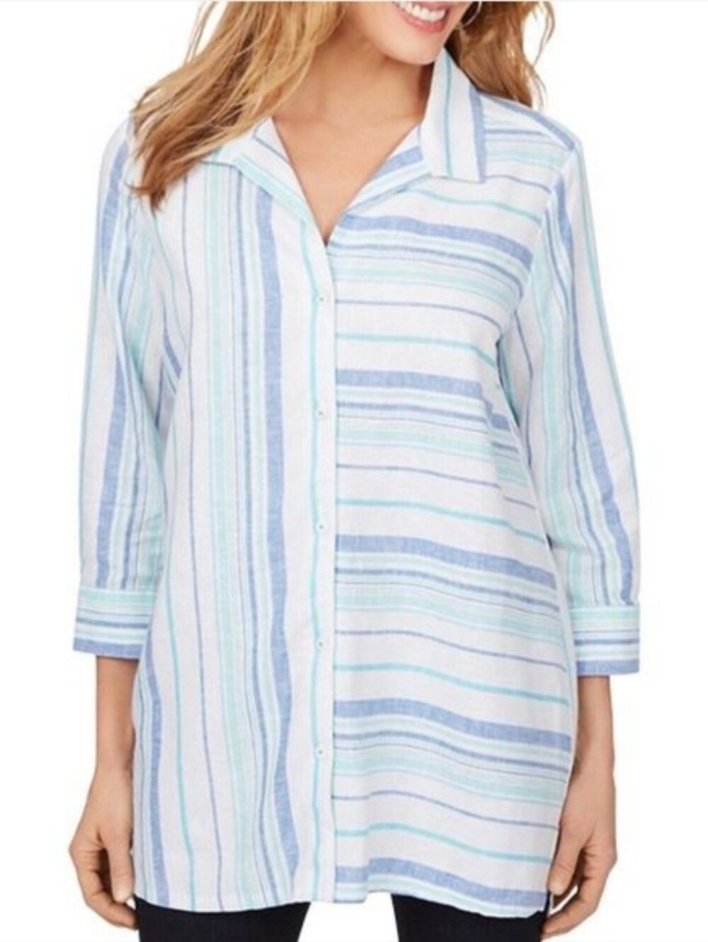 NWT Foxcroft Womens Santino In Bahama White Blue Linen Blouse Top Sz 22W Striped